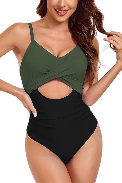 NEW Vozobi Women's One Piece Swimsuits Tummy Control Cutout High Waisted Bathing Suit Wrap Tie Back 1 Piece Swimsuit, Army Green & Black, Sz L
