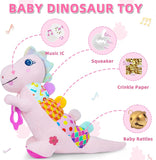NEW Baby Sensory Dino Musical Stuffed Animal Toys for 0-3-6-9-12 Months, Infant Dinosaur Tummy Time Toys with Crinkle Sound Paper, Teether, Textures & Rattles for Newborn Boys Girls Birthday Gifts, Pink