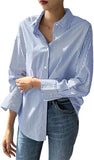 NEW Retails $47 Women Loose Striped Blouse Office Turn-Down Collar Long Sleeve Loose Button Up Vintage Shirt Tops Sz L