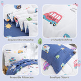 NEW DJY Cotton Toddler Bedding Set for Boys Girls, 4 Pieces Cars Reversible Bed Comforter Set, Includes Comforter, Flat Sheet, Fitted Sheet and Pillowcase, Retails $107