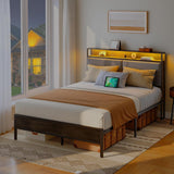 NEW IN BOX! Retails $240+ HOOBRO Full/Double Bed Frame with Storage Headboard, Upholstered Platform Bed, Bed Frame with Charging Station and LED Light, Headboard with Storage Shelves, USB Ports, Charcoal Grey
