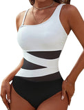 NEW Blooming Jelly Women's Sexy One Piece Bathing Suits Slimming One Shoulder Swimsuits Mesh Swimwear, White & Black, Sz M