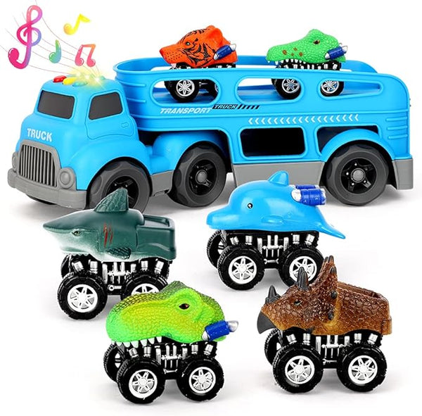 NEW Transport Truck Set Dinosaur Toys 6 Vehicles in Friction Powered Carrier Truck Cars Toys with Music and Light Gift for Toddlers-Most Popular Toys