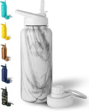 NEW Thermosis 2 Lids (Sports and Handle Lids) 32 Oz Insulated Water Bottle - 1 Liter Stainless Steel Water Bottles Wide Mouth Travel Metal Water Bottle for Sports and Gym - White Marble