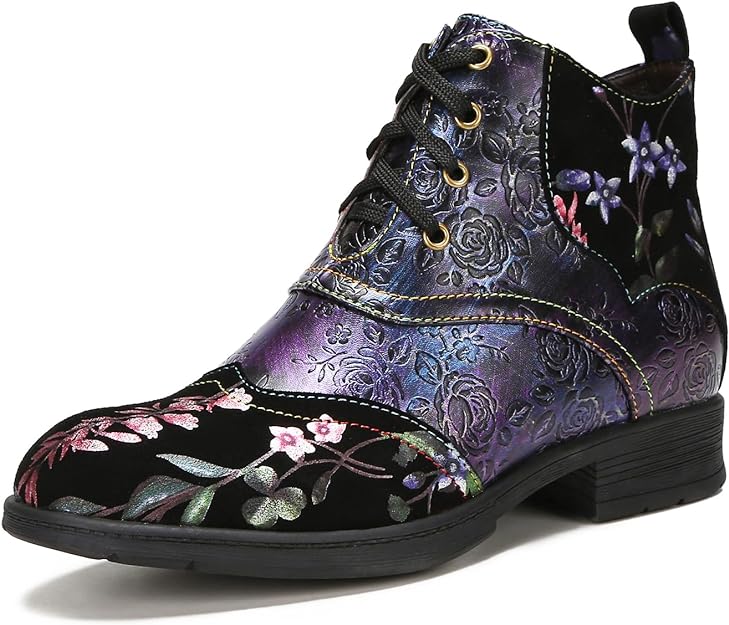 NEW Superladystar's Genuine Leather Embossed Comfy women's Ankle Boots, Low Heel, Hand-painted, Retro Ethnic Style, Purple, Sz 7, Retails $120