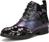 NEW Superladystar's Genuine Leather Embossed Comfy women's Ankle Boots, Low Heel, Hand-painted, Retro Ethnic Style, Purple, Sz 7, Retails $120