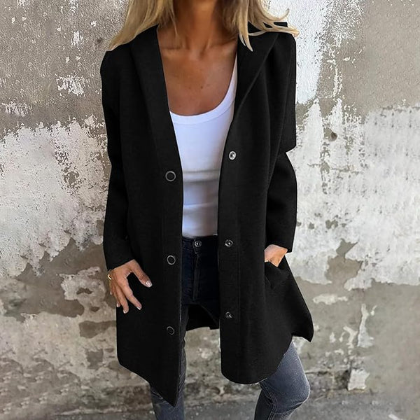 NEW Women Jacket Casual Single Breasted Hooded Jacket Lapel Neck Long Sleeve Winter Button Up Long Trench Coats, Black, Sz S