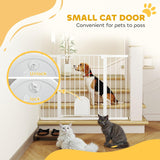 NEW Retails $120, PawHut 30"-52" Extra Wide Pet Gate with Small Door, 35" H Dog Gate with Safety Gate Barrier, Stair Pressure Fit, Auto Close, Double Locking, for Doorways, Hallways, White