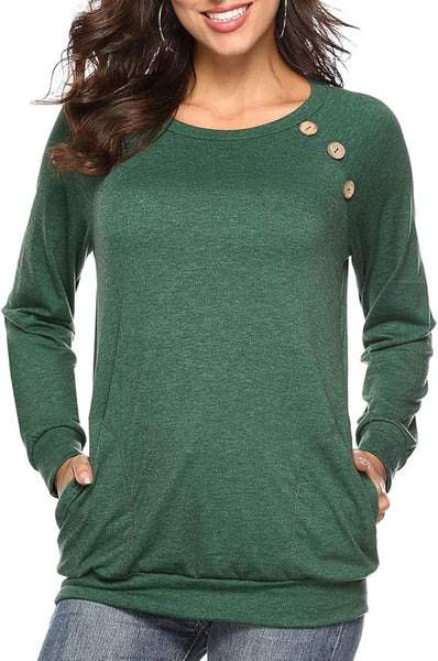 NEW Women's Long Sleeve Button-Down Blouses Crew Neck Pullover Casual T Shirt Loose Tunic Tops, Green, Plus Size 22W