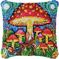 NEW Magic Mushroom Latch Hook Pillow Making Kits Cover for DIY Cushion Cross Stitch Latch Hook Pillowcase Rug Kits with Preprinted Canvas Crochet Yarn Kits Needlework Crafts 17'' X 17''(ma101)