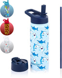 NEW FAHRMOSIS 14 OZ Kids Water Bottle with Straw, Sleeve, & 2 Lids (Flip & Spout) Leak Proof Metal Insulated Stainless Steel Reusable Tumbler for School & Sports Water Bottle - Blue (Shark)