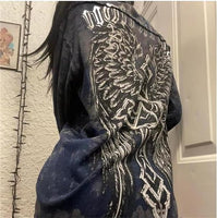 NEW Y2k Long Sleeve Tops for Women Grunge Aesthetic Baggy Tees Shirt 2000s Vintage Rhinestone Graphic Print Tops - Size L - Color: Navy