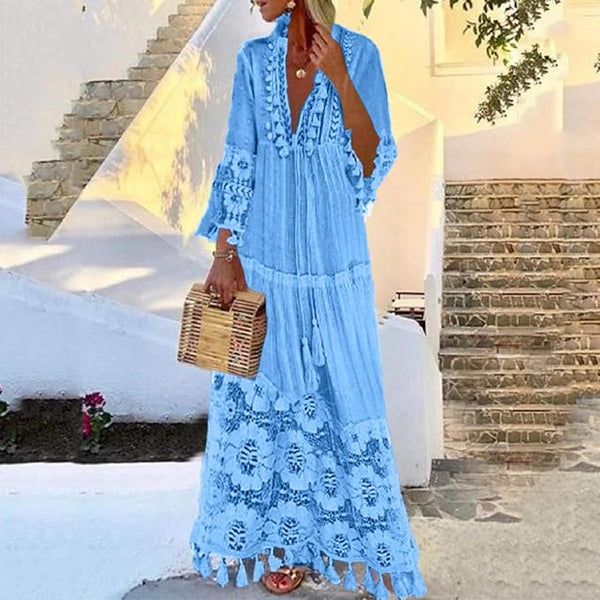NEW Women's Summer Boho Maxi Dress Loose Fit Lace Crochet Tassel V-Neck Long Dress Beach Casual Cocktail Dresses, Blue, Tag Says 2XL, For Baggy Look - Would Suit Someone That Takes L or XL Regular Sz
