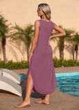 NEW MISFAY Women's Summer Maxi Dress Sleeveless Casual Loose Long Beach Split Dresses with Pockets, Mauve, Sz 2XL