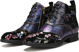 NEW Superladystar's Genuine Leather Embossed Comfy women's Ankle Boots, Low Heel, Hand-painted, Retro Ethnic Style, Purple, Sz 7, Retails $120