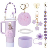 NEW Rhewatin Accessories for Stanley Cup 40oz Tumbler, Charms Accessories for Stanley Tumbler, Including 1pc Tumbler Strap, 1pc Silicone Cup Boot, 1pc Silicone Straw Cover, 2pcs Charms, Purple