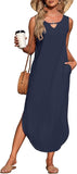 NEW MISFAY Women's Summer Maxi Dress Sleeveless Casual Loose Long Beach Split Dresses with Pockets, Navy, Sz XL