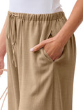 NEW Retails $40, NEWCOSPLAY Women's Linen Pants Wide Leg Summer Palazzo Lounge Pants with Pockets, Dark Khaki, Sz 3XL