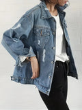 NEW Ripped Distressed Light Wash Blue Casual Denim Jacket, Women's, Sz L, Retails $69