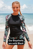 NEW Floral Print Long Sleeve Split Two Pieces UPF50+ Rash Guard, Sz XXL, our boy shorts are solid black! Retails $64