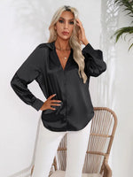 NEW Solid Lapel Blouse, Elegant Button Front Satin Long Sleeve Blouse, Women's Clothing, Sz XL, Black! Retails $60