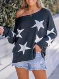 NEW CUPSHE Women Star Print One-Shoulder Sweater Ribbed Trim Long Dolman Sleeves, Navy, Sz L, Retails $50