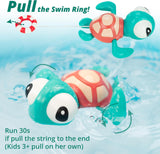 NEW DUCKBOXX XX Pull-String Swimming Sea Friends Bath Toy, No Battery Mold-Free Anti-Rust Interactive Montessori Toy for Kids (Turtle with Swim Ring)