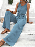NEW Very Flattering Sleeveless Tie Front Wide Leg Jumpsuit Piece Pants Romper, Blue, Sz L
