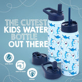NEW FAHRMOSIS 14 OZ Kids Water Bottle with Straw, Sleeve, & 2 Lids (Flip & Spout) Leak Proof Metal Insulated Stainless Steel Reusable Tumbler for School & Sports Water Bottle - Blue (Shark)