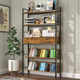 NEW Assembled YAOHUOO Bookshelf with Drawers-31.5 Inches Widen Industrial Book Shelf with Bookend,5Tiers Tall Storage Shelves, Steel Frame Display Rack, Suitable for Bedroom, Office, Living Room, Bathroom, Retails $180