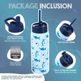 NEW FAHRMOSIS 14 OZ Kids Water Bottle with Straw, Sleeve, & 2 Lids (Flip & Spout) Leak Proof Metal Insulated Stainless Steel Reusable Tumbler for School & Sports Water Bottle - Blue (Shark)