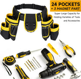 NEW Tool Belt, Magnetic Tool Pouch, 27-Pockets Heavy Duty Padded Tool Belts for Men, Detachable & Adjustable Tool Pouch Bag for Electrician, Carpenter, Construction, Work Apron, Utility Belt, Black, Yellow