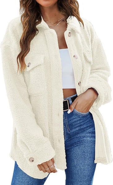 NEW TECREW Women's Winter Sherpa Fleece Jacket Button Down Fuzzy Shacket Outwear Coat with Pockets, Cream, Sz XXL, Retails $83