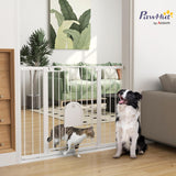 NEW Retails $120, PawHut 30"-52" Extra Wide Pet Gate with Small Door, 35" H Dog Gate with Safety Gate Barrier, Stair Pressure Fit, Auto Close, Double Locking, for Doorways, Hallways, White
