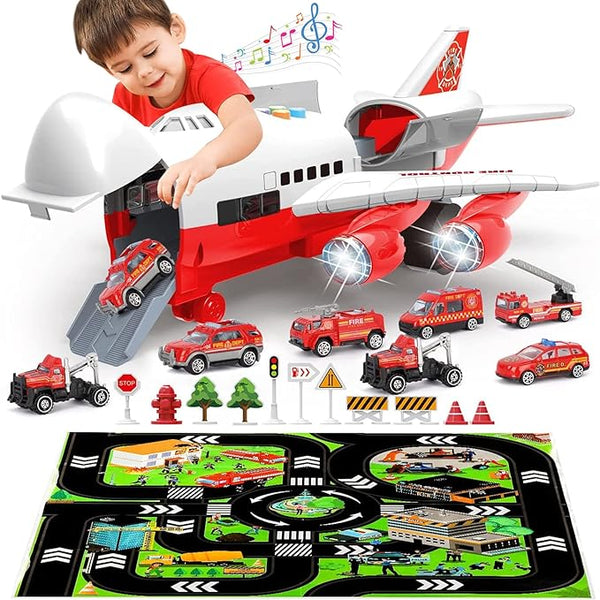 NEW Transport Cargo Airplane Toy-Car Toys for Boys with Large Play Mat, Sounds Buttons Flashing Light, Vehicles Fire Trucks Large Plane 11 Road Signs T47 - Retails for $49+!