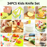 NEW Retails $40, 34 Pcs Montessori Kitchen Toys for Toddlers-Kids Knife Sets for Real Cooking with Safe Knives, Serrated Plastic Knives, Potato Slicers, Sandwich Cutter, Peeler and Cutting Board