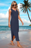 NEW MISFAY Women's Summer Maxi Dress Sleeveless Casual Loose Long Beach Split Dresses with Pockets, Navy, Sz XL