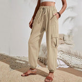 NEW Women Fashion Casual Solid Color High Waist Casual Pants Pocket Side Drawstring Hem Casual Pants Women Elastic, Khaki, Sz L