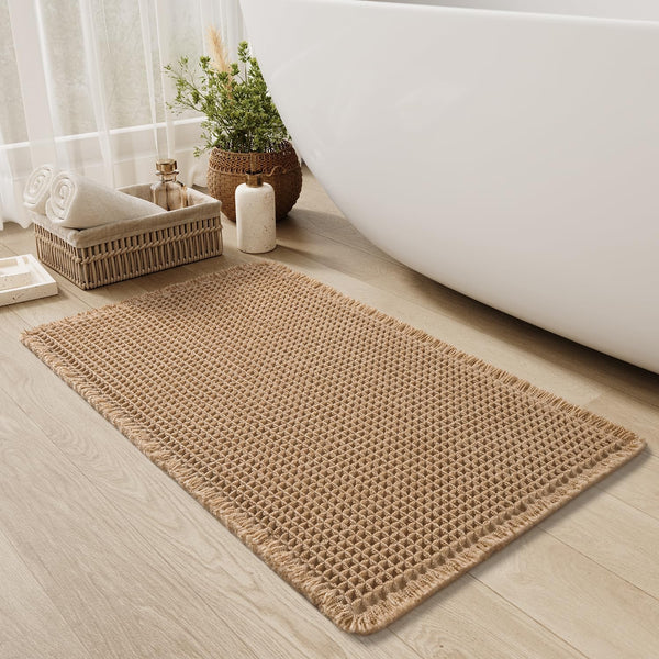 NEW Upgraded Waffle Bath Mat Non Slip Super Absorbent Quick Dry Bath Mats for Bathroom Floor Machine Washable Bathroom Mat Ultra Soft Boho Bathroom Rugs with Tassels Beside Tub, 17" x 24", Brown