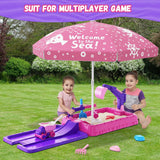 NEW Indoor/Outdoor Sensory Sandbox with Lid, Dirt Digger Excavator Sand Box with Cover, Kids Sand Pit with Construction Toys/Umbrella/Beach Toys for Toddler 3-5, Purple, Damaged Box, Contents Are Perfect