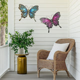 NEW LIFFY Metal Butterfly Wall Decor, 2 Pack 12" Glass Butterfly Outdoor Wall Art Sculptures, Hanging Garden Decor Outside for Home, Yard, Fence, Patio