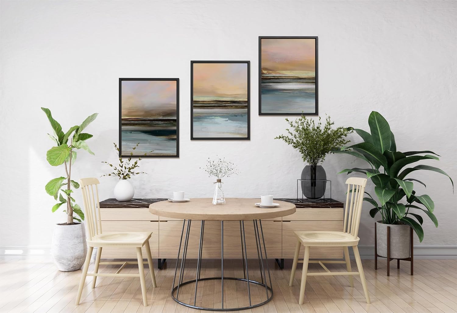 NEW Retails $81, Set of 3 Coastal Framed Wall Art Paintings 16 x 24 Inch each frame, Modern Abstract Shapes Wall Decor for Living Room Bedroom Office Home