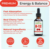 NEW Organic Vitamin B12 Liquid - Sublingual Extra Strength 60 x 5000 mcg Drops, Methylcobalamin, Natural Cherry Flavor, Vegan, Maximize Absorption and Energy, BB: 05/28