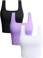 NEW OQQ Women's 3 Pack Tank Tops Ribbed Seamless Workout Exercise Shirts Yoga Crop Tops, Black, Lavender & White, Sz M! Tons of stretch