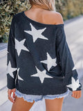 NEW CUPSHE Women Star Print One-Shoulder Sweater Ribbed Trim Long Dolman Sleeves, Navy, Sz L, Retails $50