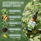 NEW Sealed Organic Moringa Liquid Drops for Skin, Gut, Immune Support, Moringa Oleifera Leaf, Turmeric Root, Olive Leaf, Black Pepper, Vitamin C & E, Moringa Supplement for Women Men, BB: 2027