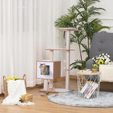 NEW Retails $110 PawHut 47" Wood Cat Tree, Cat Condo Tower with Scratching Post, Toy Ball, Natural Wood, White