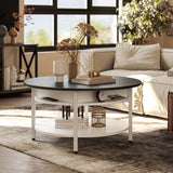 NEW Assembled, Retails $190, FABATO Round Lift Top Coffee Table with Storage and Hidden Compartment, 68cm Farmhouse Coffee Table for Living Room Reception Room, 2 Tier Small Round Coffee Table Circle Dining Table, White