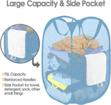 NEW BATTOO Deluxe Strong Mesh Pop up Laundry Hamper Basket with Side Pocket Foldable Hamper for Laundry Room, Bathroom, Kids Room, College Dorm or Travel Light Blue