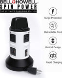 NEW Spin Power, Power Strip Tower w/ Surge Protector Electric Charging Station USB Outlet Extender Power Bar 4 Outlets 6 USB Port 40" Retractable Cord Built-in Phone Holder As Seen On TV
